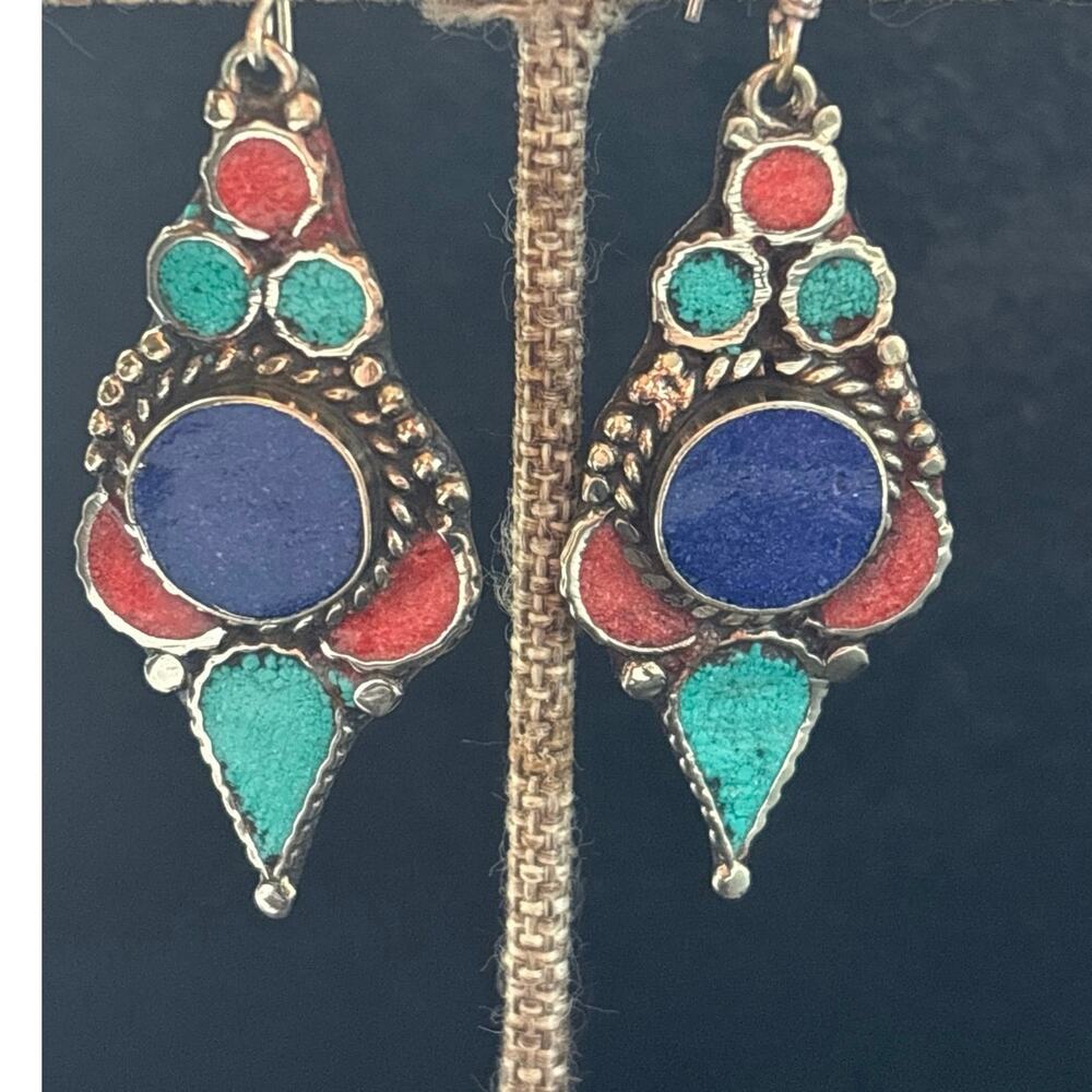 Tibetan Silver Turquoise Lapis Lazuli & Red Coral Dangle Earrings